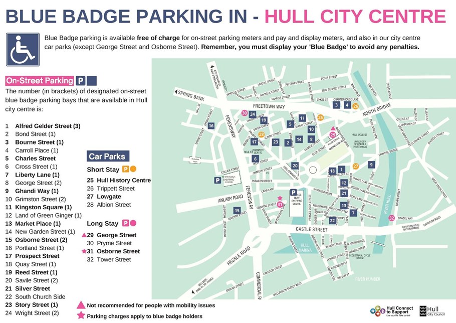 plan of Hull city centre showing blue badge parking areas