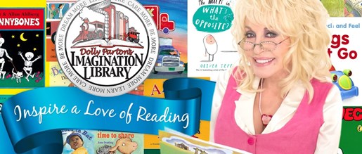 Dolly Parton with glasses and a book advertising reading